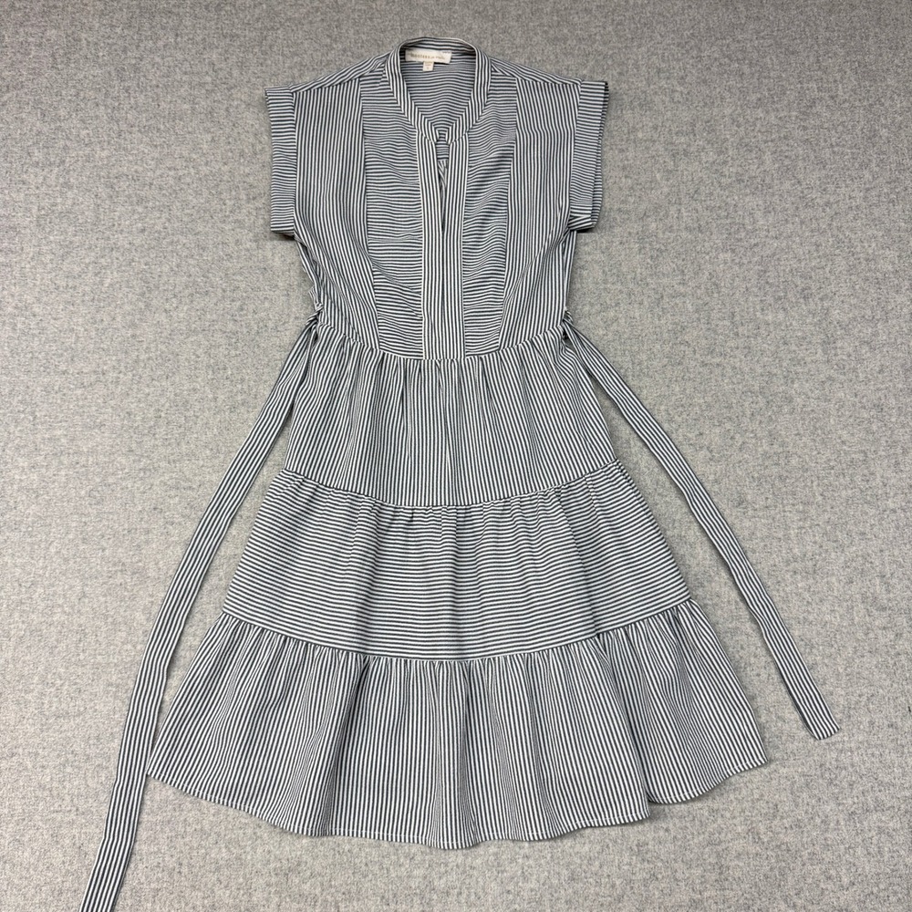 Monteau Los Angeles Dress Small Navy White Stripe Tiered Split Neck Belted Midi